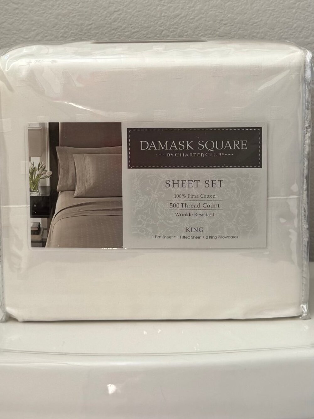 KING SIZE BED SET DAMASK SQUARE BY CHARTERCLUB 500 THREAD COUNT PIMA COTTON NEW!